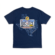 Buc-ee’s Blue License Roadmap Shirt in navy, back view with Texas license plate graphic over a state highway map