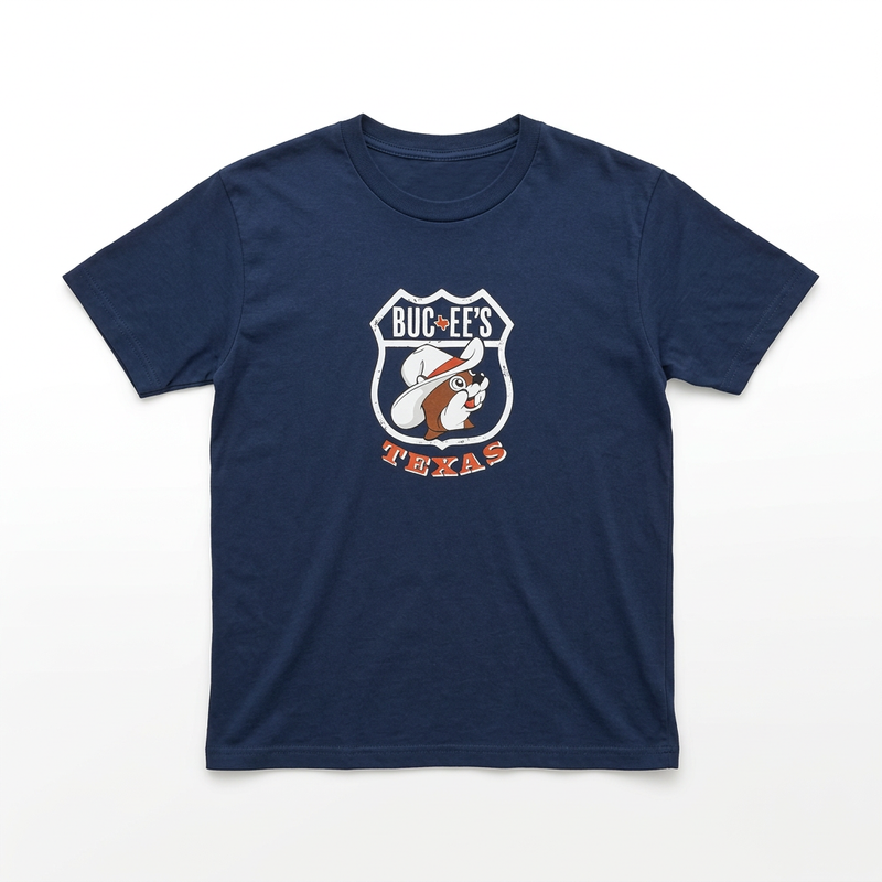 Buc-ee’s Blue License Roadmap Shirt in navy, front view with beaver in a cowboy hat on a highway shield above Texas