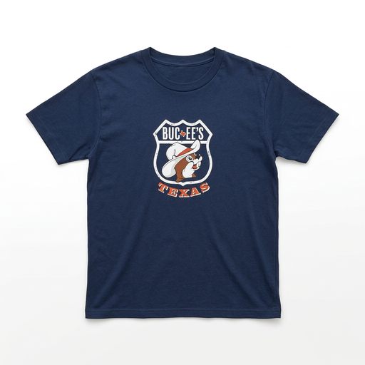 Buc-ee’s Blue License Roadmap Shirt in navy, front view with beaver in a cowboy hat on a highway shield above Texas