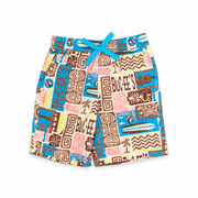 Buc-ee’s boys’ tiki swim trunks with elastic waist, turquoise bow drawstring, and print of surfboards, palm trees, and fish