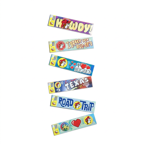Six Buc-ee’s bumper sticker designs: Howdy!, I Brake For, I Love, Texas, Road Trip, and peace sign with heart