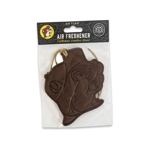 Buc-ee's leather air freshener, a brown cutout shaped like Buc-ee the Beaver's face with embossed details