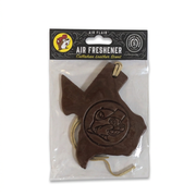 Buc-ee’s Callahan Leather Scent air freshener, a brown Texas-shaped cutout embossed with the beaver logo on a tan cord