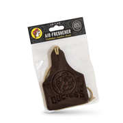 Buc-ee’s Callahan Leather Scent air freshener, a brown cattle ear tag shape embossed with the beaver logo and brand name