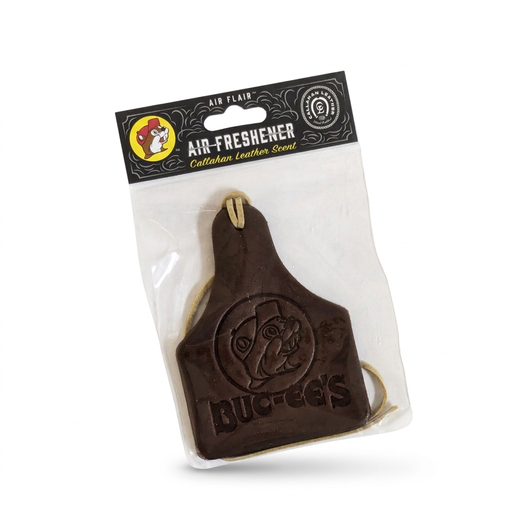 Buc-ee's leather air freshener, a brown ear-tag shape embossed with the Buc-ee the Beaver logo and name