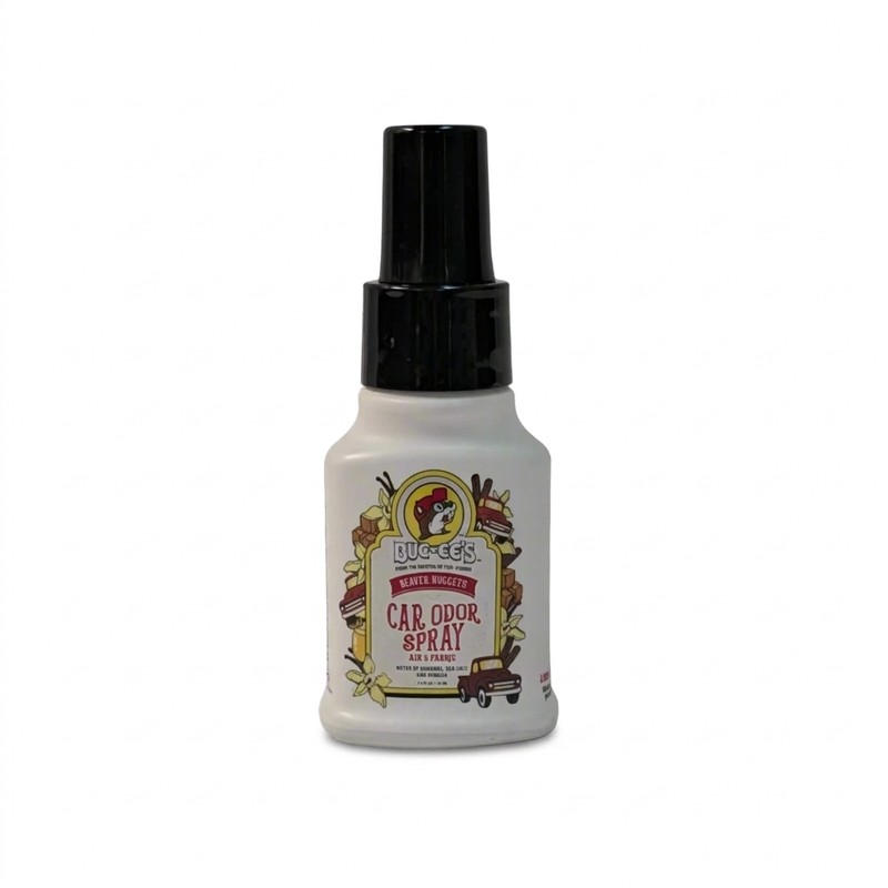 Buc-ee’s Car Odor Spray in Beaver Nuggets scent, air and fabric spray in a white bottle with black pump cap