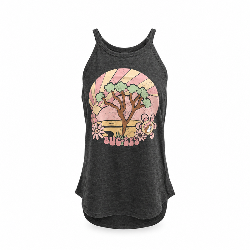 Buc-ee's Charcoal Rocker Tank Top with retro desert sunset, Joshua tree, pink flowers, and beaver logo graphic
