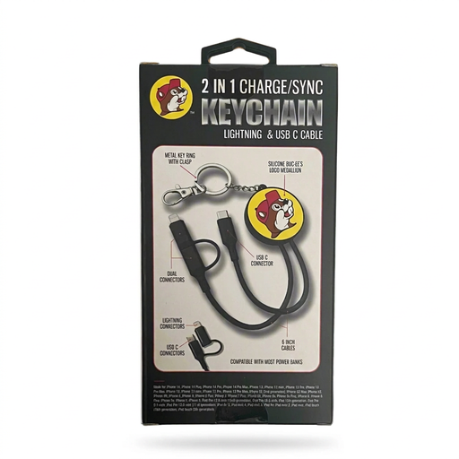 Back of Buc-ee’s charge/sync keychain package showing 6-inch cables, silicone logo medallion, and metal key ring with clasp