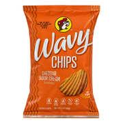 Front of Buc-ee's Cheddar Sour Cream Wavy Chips 2 oz bag with Buc-ee the Beaver logo and claim badges