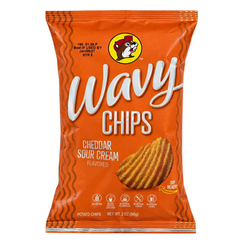 Front of Buc-ee's Cheddar Sour Cream Wavy Chips 2 oz bag with Buc-ee the Beaver logo and claim badges