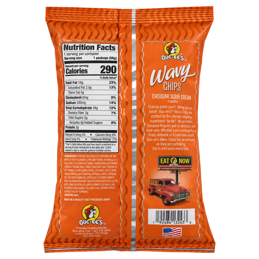 Back of Buc-ee's Cheddar Sour Cream Wavy Chips 2 oz bag with nutrition facts, ingredients and allergen statement