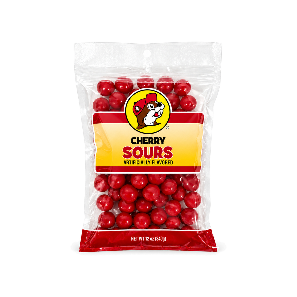 Buc-ee's Cherry Sours, 12 oz clear bag of round red sour candy balls with the beaver logo, a Texas favorite