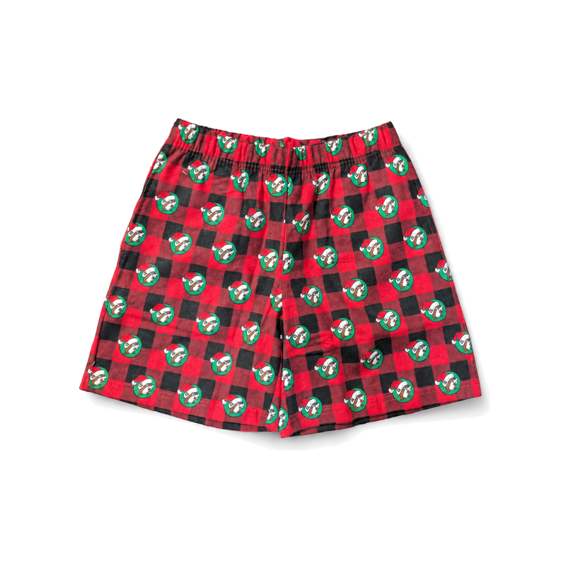Buc-ee's red and black buffalo plaid boxer shorts with Santa hat beaver logo print and elastic waistband