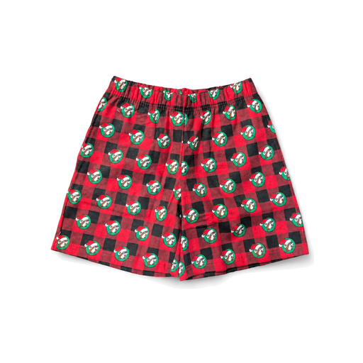 Buc-ee's red and black buffalo plaid boxer shorts with Santa hat beaver logo print and elastic waistband