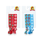 Buc-ee's Christmas hair tie sets, red with peppermints and blue with snowflakes, three beaver-print ties per card