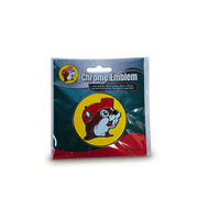 Buc-ee’s Chrome Emblem in the round logo design, a yellow circle with the beaver mascot and chrome edging, in packaging