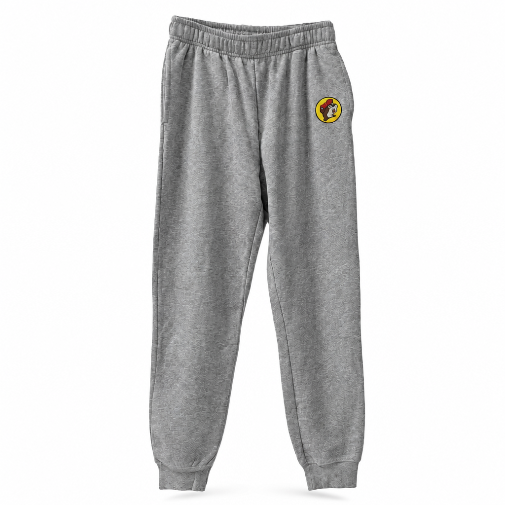 Buc-ee's Classic Gray Sweatpants, jogger style with elastic waist, cuffed ankles, and beaver logo patch on the hip