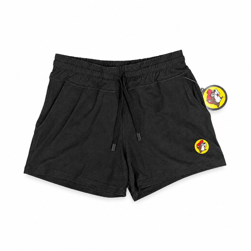 Buc-ee’s Cloud Knit Shorts in black with elastic drawstring waist, side pockets, and beaver logo on the leg