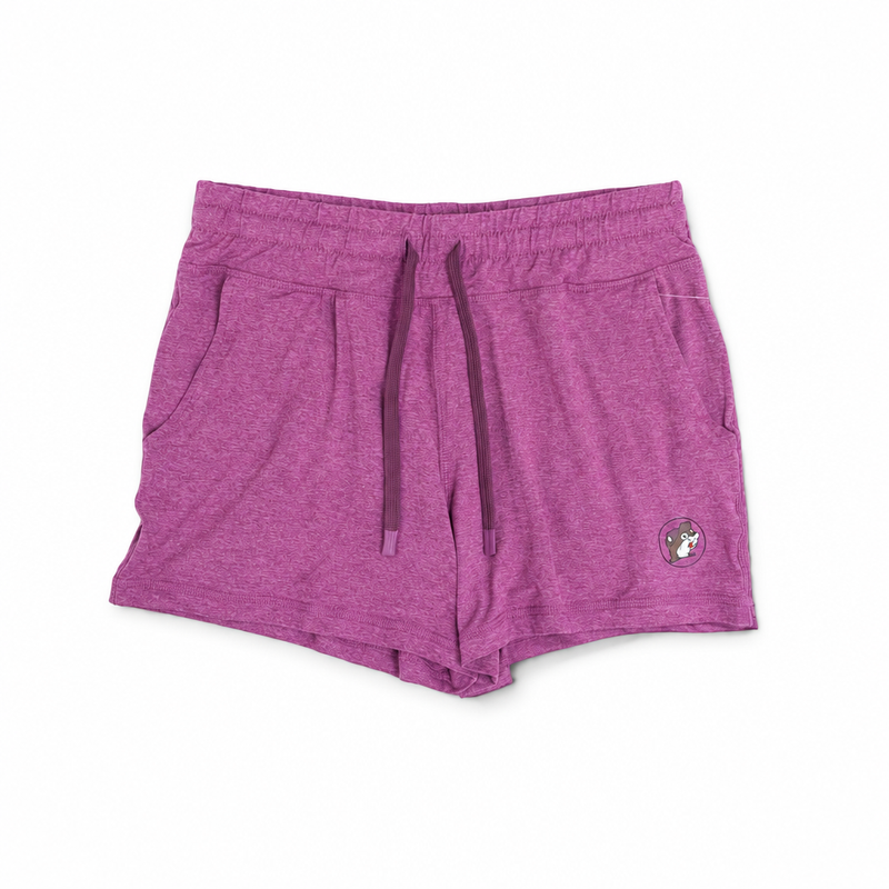 Buc-ee’s Cloud Knit Shorts in heather purple with darker drawstring, side pockets, and tonal beaver logo