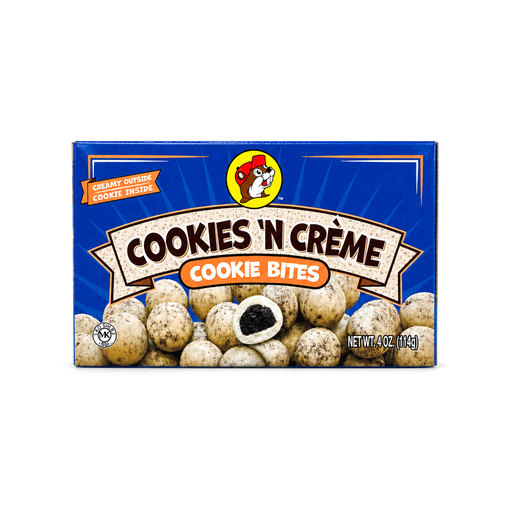 Buc-ee's Cookies 'N Crème Cookie Bites in a 4 oz box, creamy white candy coating with a chocolate cookie center