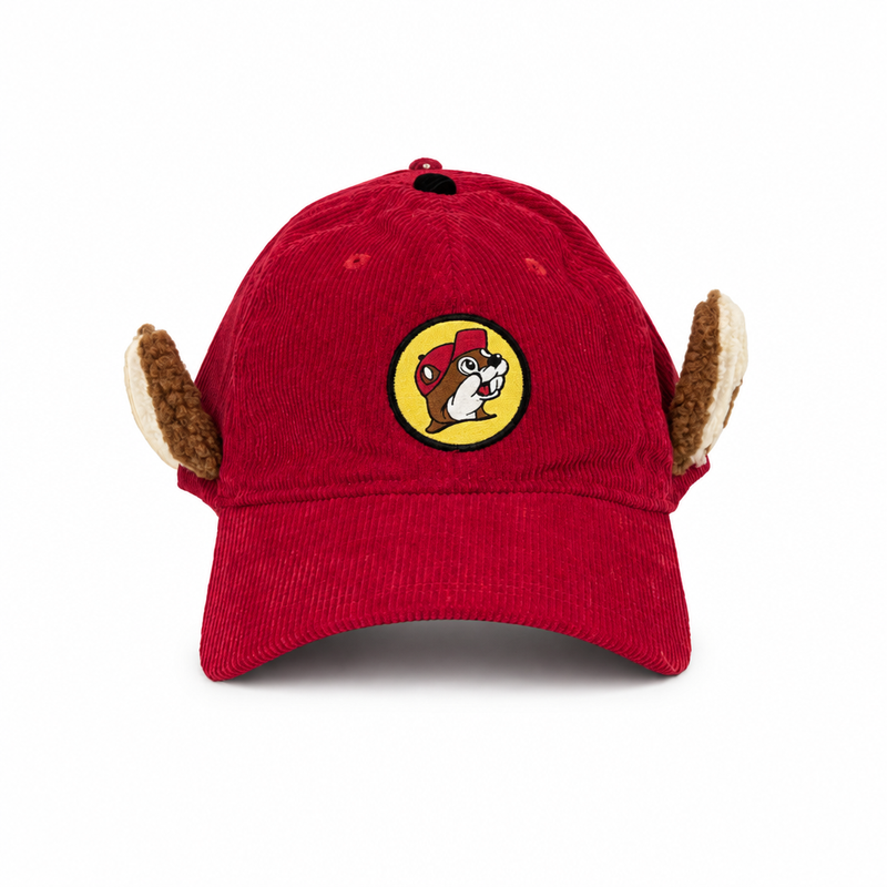 Buc-ee's Corduroy Baseball Ear Hat in red with the beaver logo patch and fuzzy brown beaver ears
