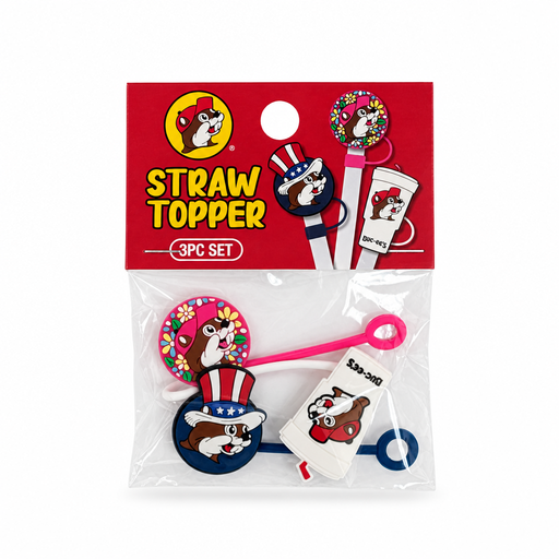 Buc-ee's Straw Topper 3-piece set with a white cup, patriotic top hat beaver, and pink floral beaver topper in a clear bag