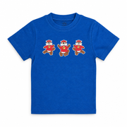 Buc-ee’s T-shirt in royal blue, short-sleeve crewneck with three dancing beavers in red shirts across the chest