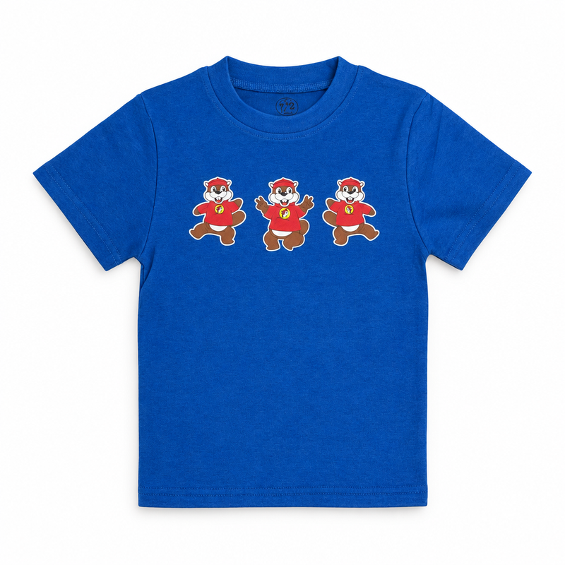 Buc-ee’s T-shirt in royal blue, short-sleeve crewneck with three dancing beavers in red shirts across the chest