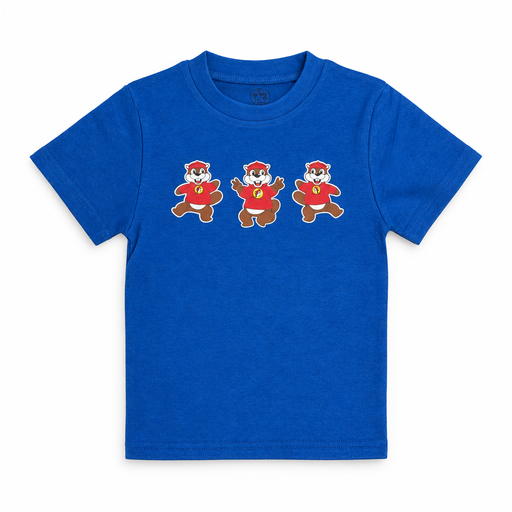 Buc-ee’s T-shirt in royal blue, short-sleeve crewneck with three dancing beavers in red shirts across the chest