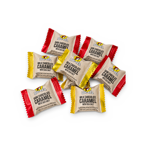 Buc-ee's Dark Chocolate and Milk Chocolate Caramels with Sea Salt, individually wrapped 0.81 oz pieces in red and gold foil