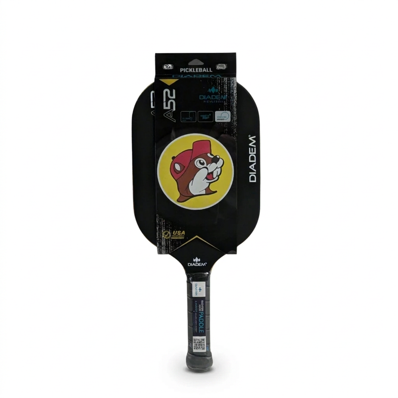 Buc-ee’s Diadem A52 pickleball paddle in black with yellow beaver logo and gray grip, in retail sleeve