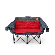 Buc-ee’s Double Wide Padded Sofa, a two-seat folding camp chair with a red quilted seat, gray sides, and two cup holders