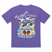Buc-ee’s Easter shirt in purple, “Forget the Eggs, I’m Hunting Beaver Nuggets,” with bunny-eared beaver and eggs
