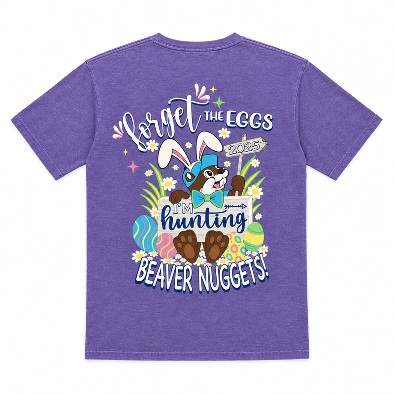 Buc-ee’s Easter shirt in purple, “Forget the Eggs, I’m Hunting Beaver Nuggets,” with bunny-eared beaver and eggs