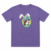 Buc-ee’s Easter tee in heather purple with bunny-eared beaver logo inside a green Easter egg,