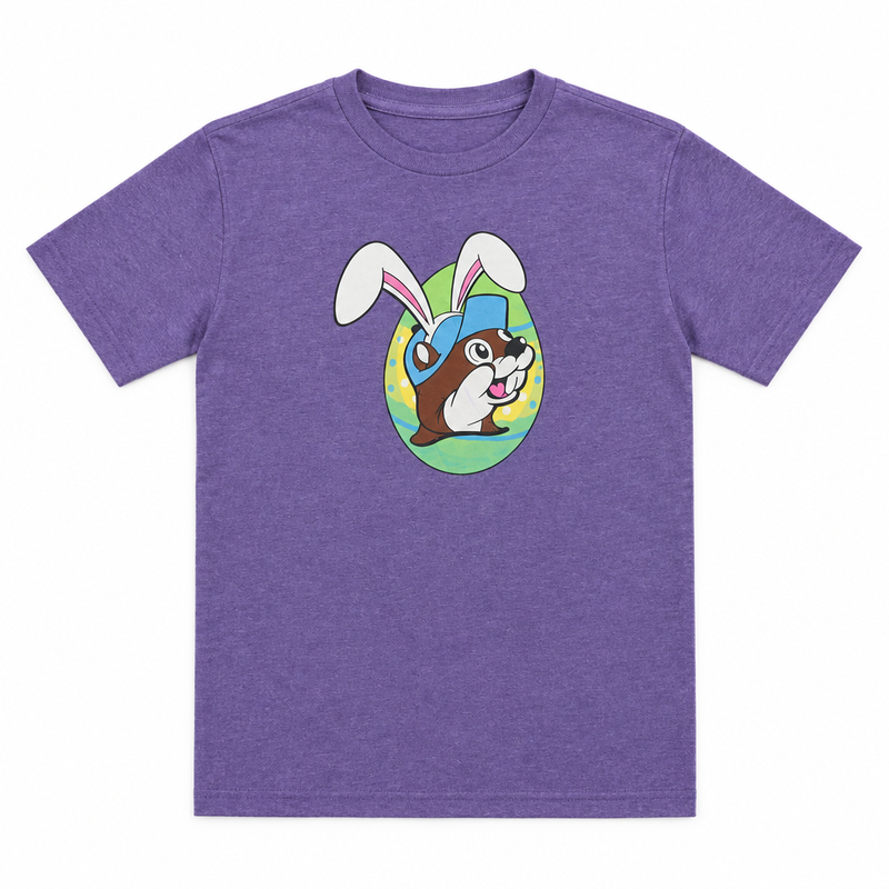 Buc-ee’s Easter tee in heather purple with bunny-eared beaver logo inside a green Easter egg,