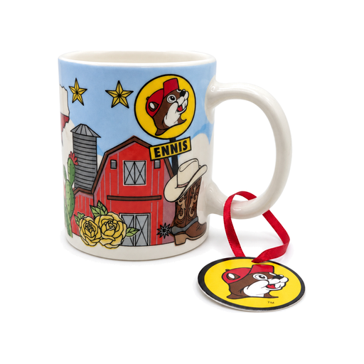 Buc-ee's Ennis mini ceramic mug with red barn, cowboy boot, yellow roses, and beaver logo sign, plus red ribbon hang tag