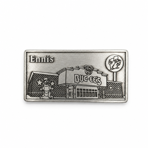 Buc-ee's Ennis souvenir magnet in antique silver metal with an embossed storefront, beaver statue, and logo sign