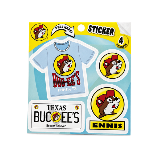 Buc-ee's Ennis, TX sticker pack with 4 stickers: beaver logo, T-shirt, Texas license plate and Ennis nameplate designs