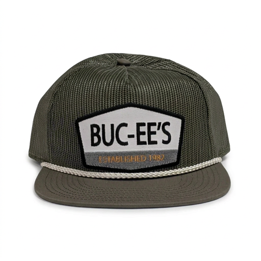 Buc-ee’s “Established 1982” hat in olive green mesh with flat brim, cream rope, and embroidered patch