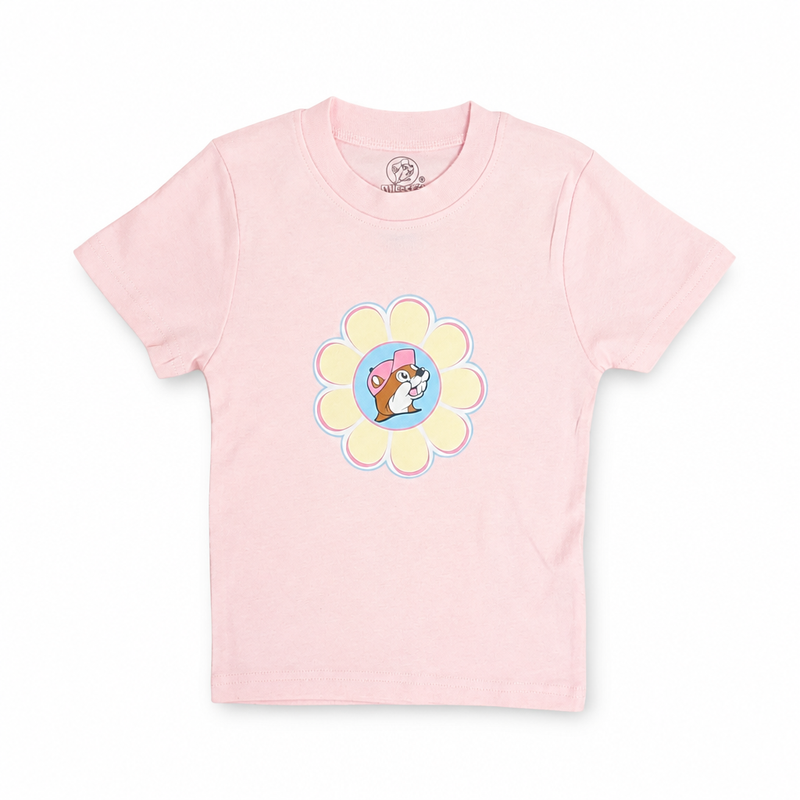Buc-ee’s Flower T-shirt in light pink, short-sleeve crewneck with beaver logo inside a yellow daisy