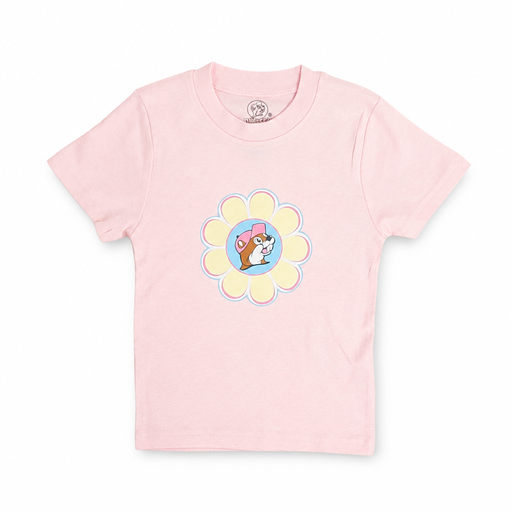 Buc-ee’s Flower T-shirt in light pink, short-sleeve crewneck with beaver logo inside a yellow daisy