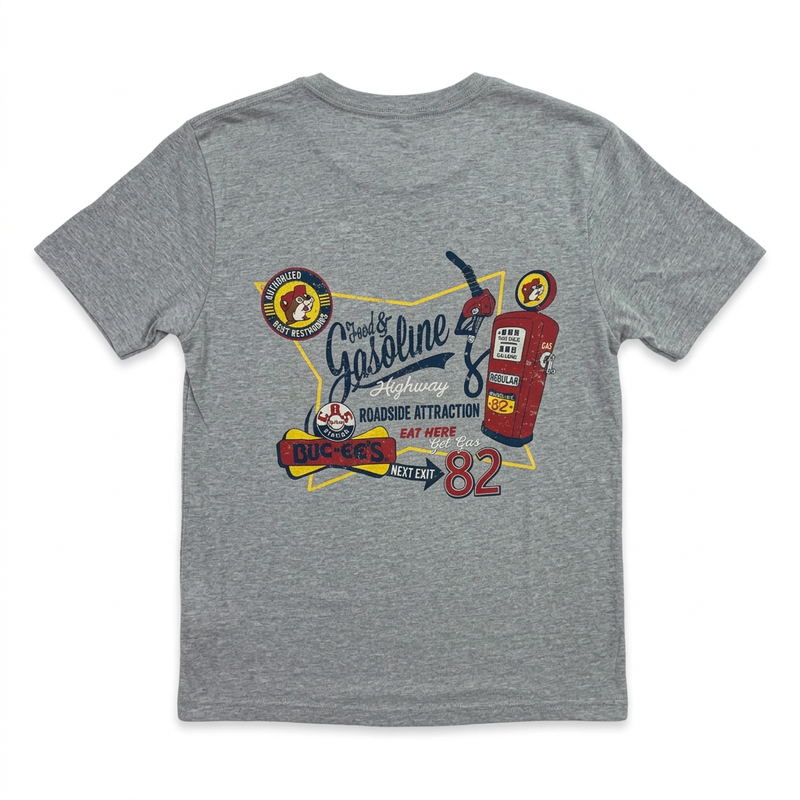 Buc-ee’s “Food & Gasoline” shirt in heather gray, back view with retro roadside sign, red vintage gas pump, and Exit 82 arrow