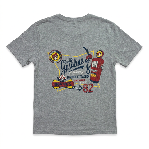 Buc-ee’s “Food & Gasoline” shirt in heather gray, back view with retro roadside sign, red vintage gas pump, and Exit 82 arrow