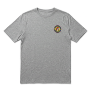 Buc-ee’s “Food & Gasoline” shirt in heather gray, front view with small round beaver badge on the left chest