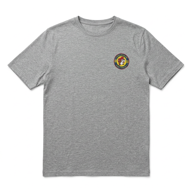 Buc-ee’s “Food & Gasoline” shirt in heather gray, front view with small round beaver badge on the left chest