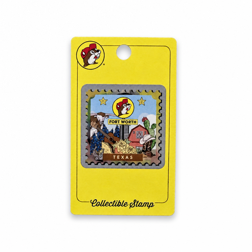 Buc-ee's Fort Worth collector stamp with Buc-ee the Beaver on a yellow backing card