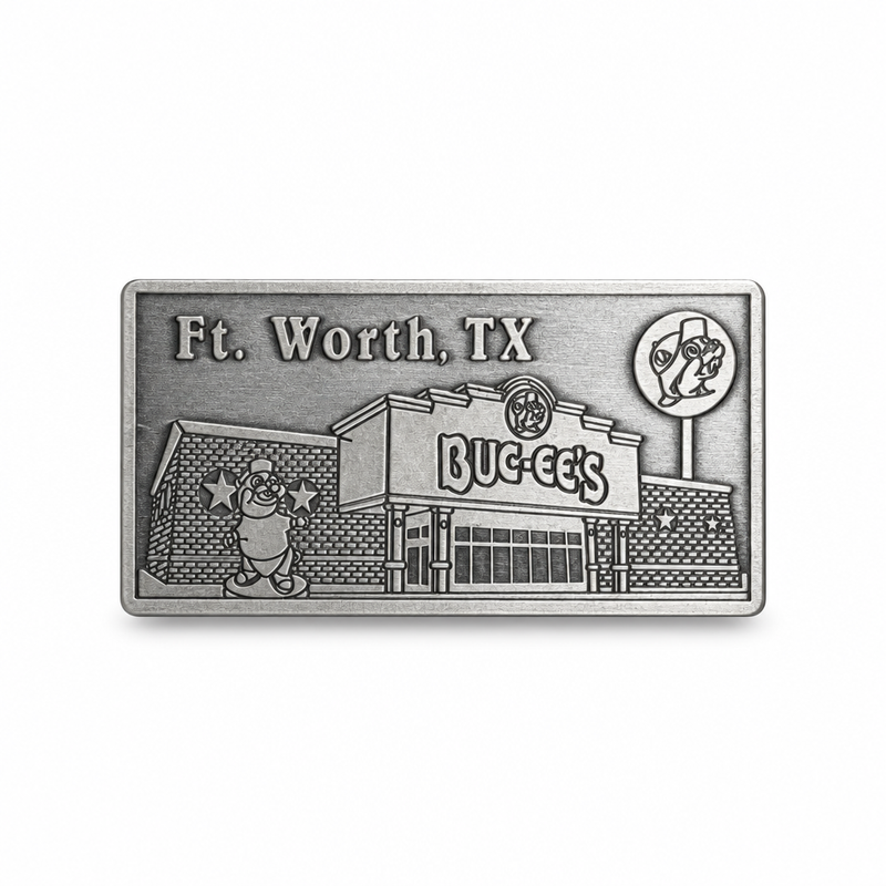 Pewter Buc-ee's Ft. Worth storefront magnet with Buc-ee the Beaver sign