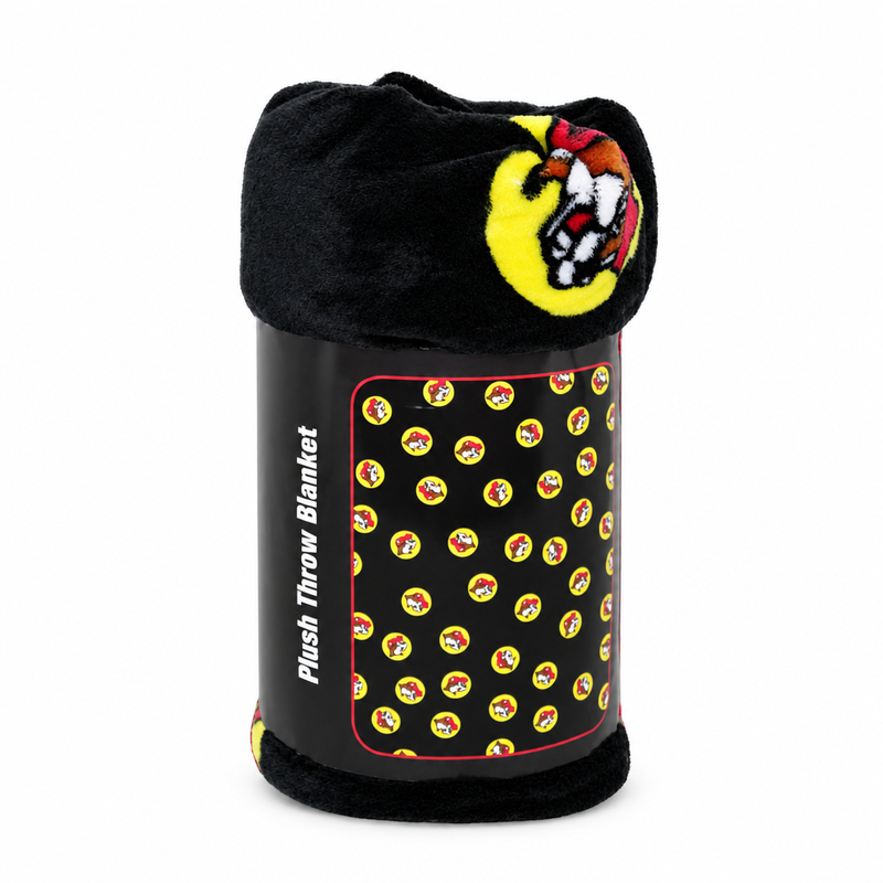 Buc-ee's Fuzzy Black Logo Blanket, a rolled plush throw in retail packaging with an allover yellow beaver logo print