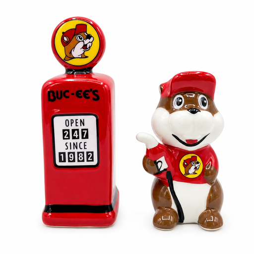 Buc-ee's gas pump salt and pepper shaker set with a red retro fuel pump and Buc-ee the beaver holding a gas nozzle